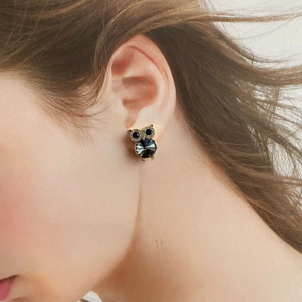Blue Grey Crystal Owl Gold Earrings